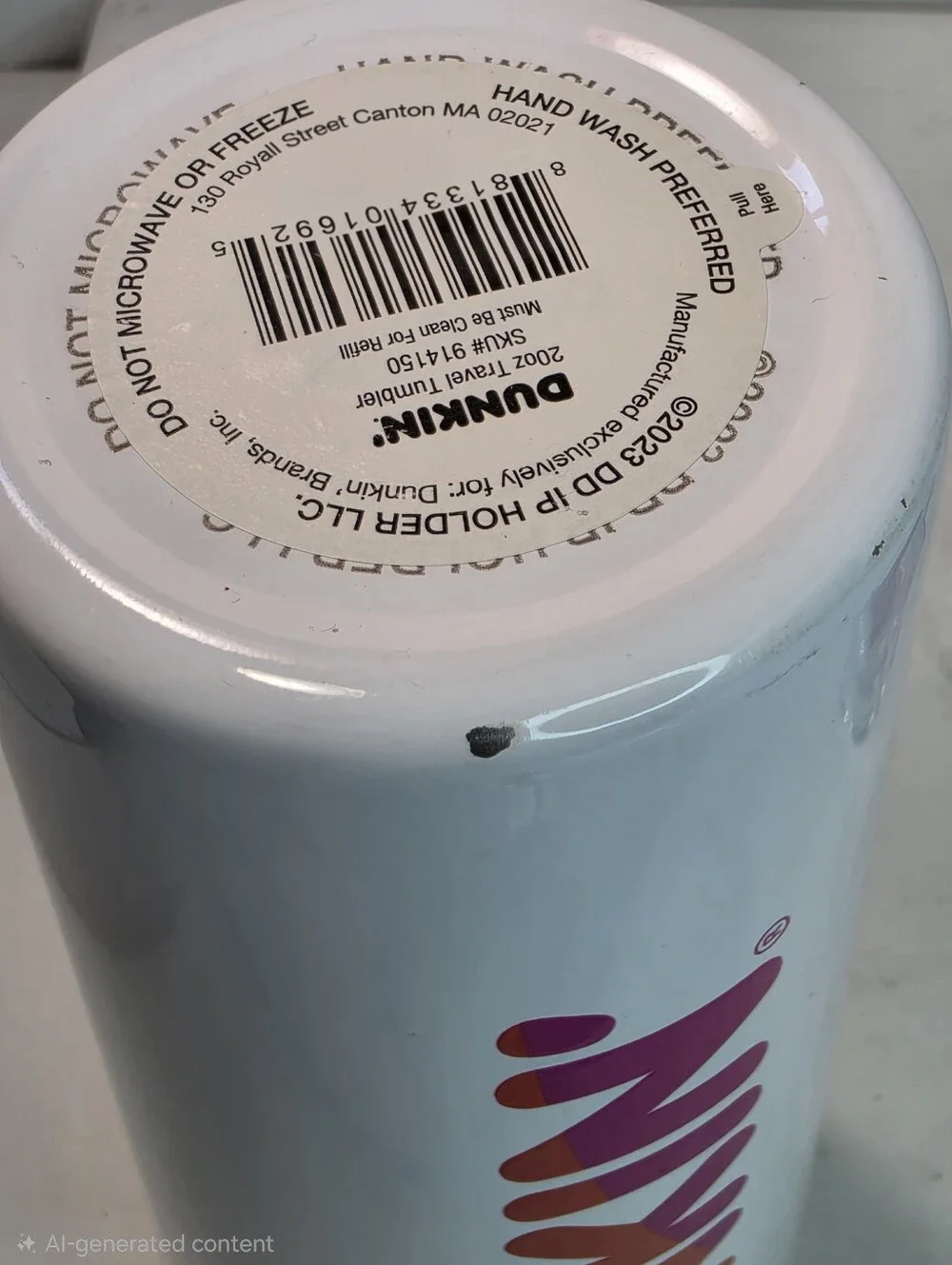 Dunkin' Donuts Classic 20 oz. white stainless steel hot/cold travel tumbler.